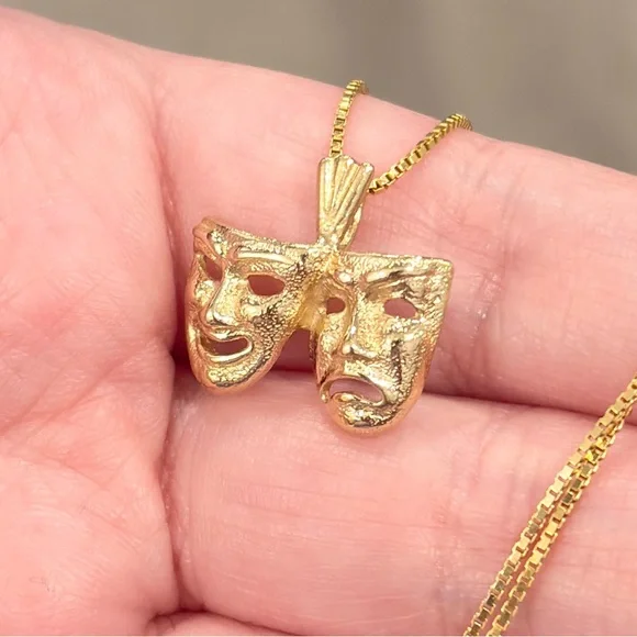 14K Drama Comedy Mask Pendant Yellow Gold Michael Anthony Actor Theater Thespian - Picture 7 of 14